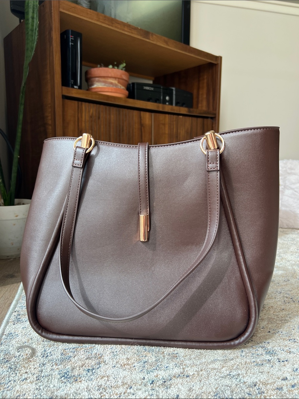 Classic Brown Leather Tote Bag with Gold Hardware - Women